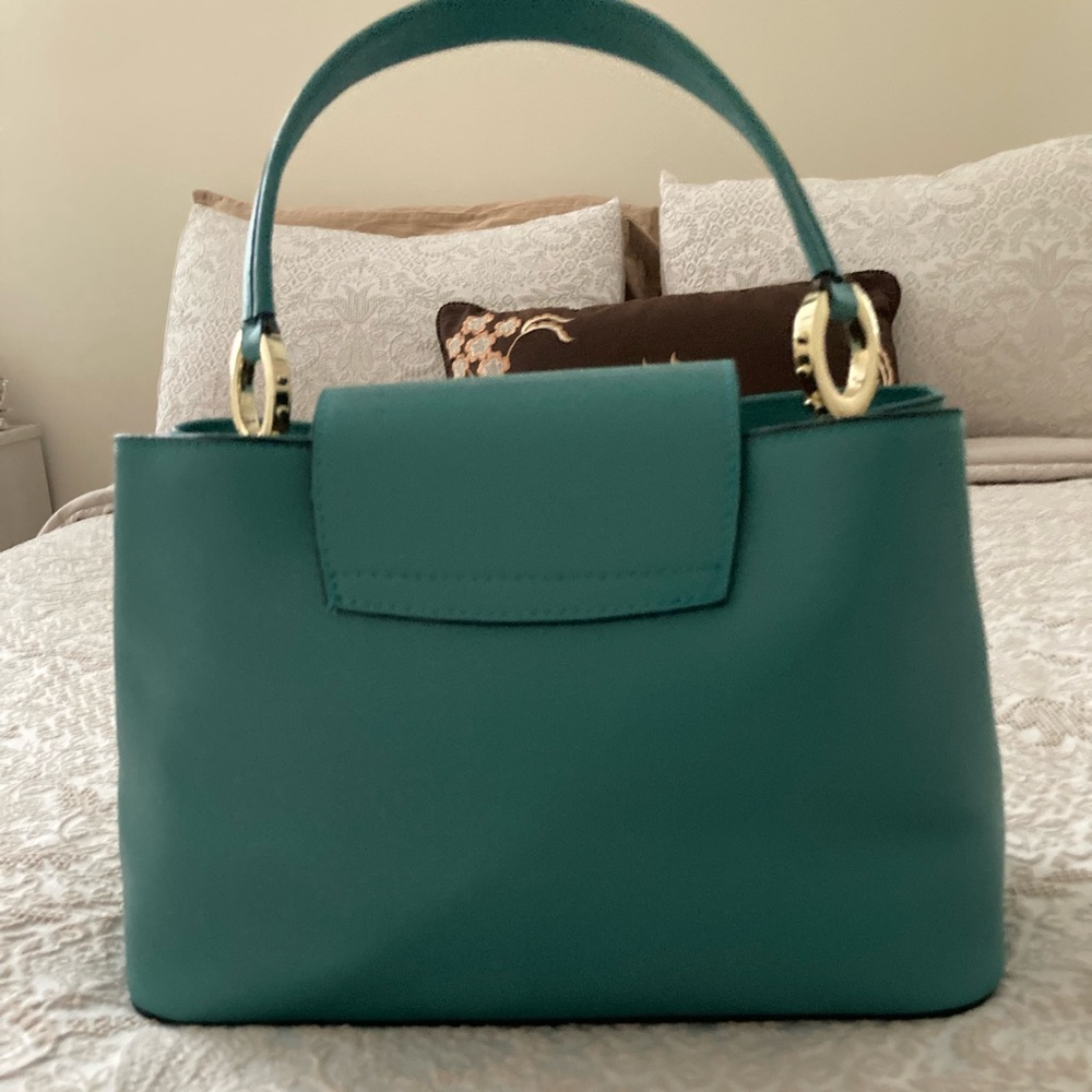 Vera Pelle Teal Leather Satchel with Gold Accents - Picture 9 of 9